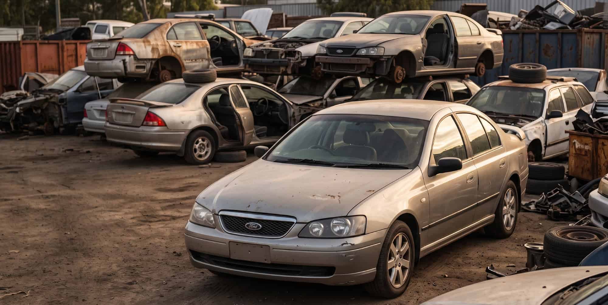 Mechanic inspecting a recycled Ford at a Brisbane wrecking yard