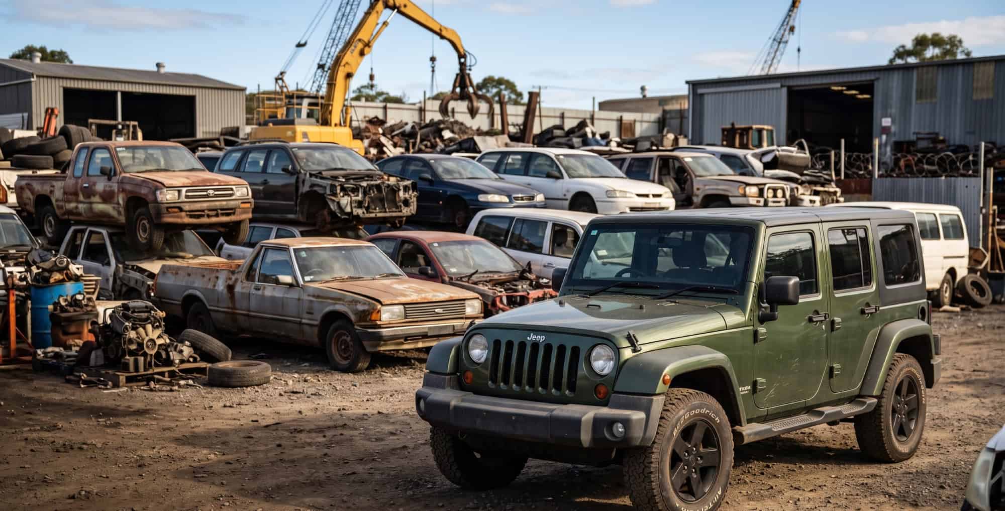 Mechanic inspecting a recycled Jeep at a Brisbane wrecking yard
