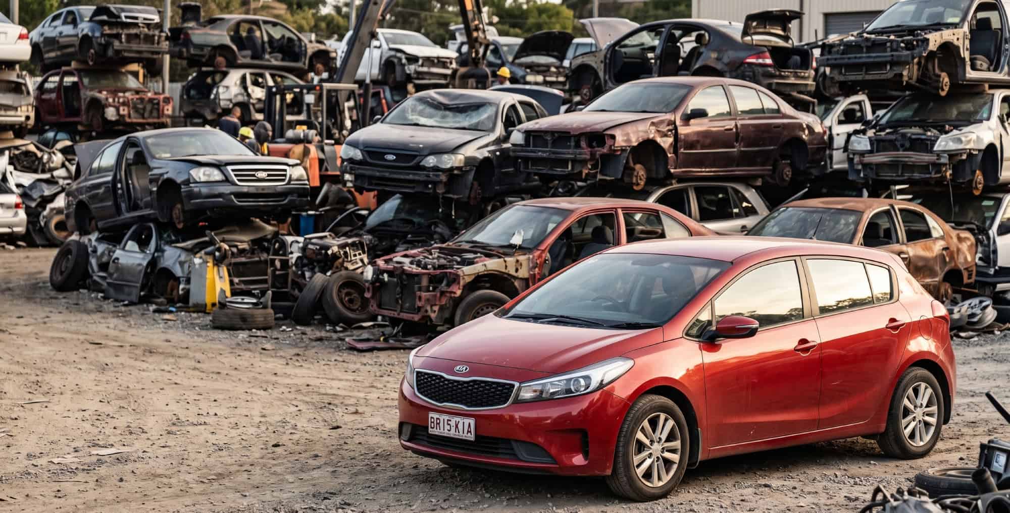 Mechanic inspecting a recycled Kia at a Brisbane wrecking yard