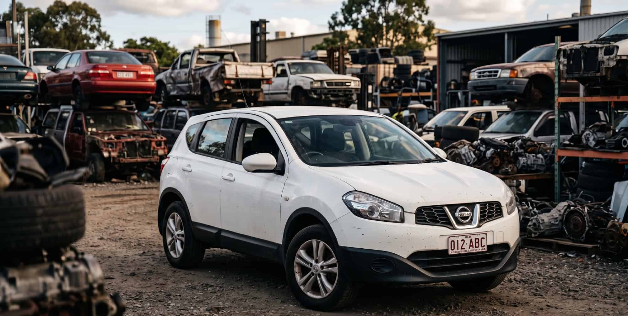 Mechanic inspecting a recycled Nissan at a Brisbane wrecking yard