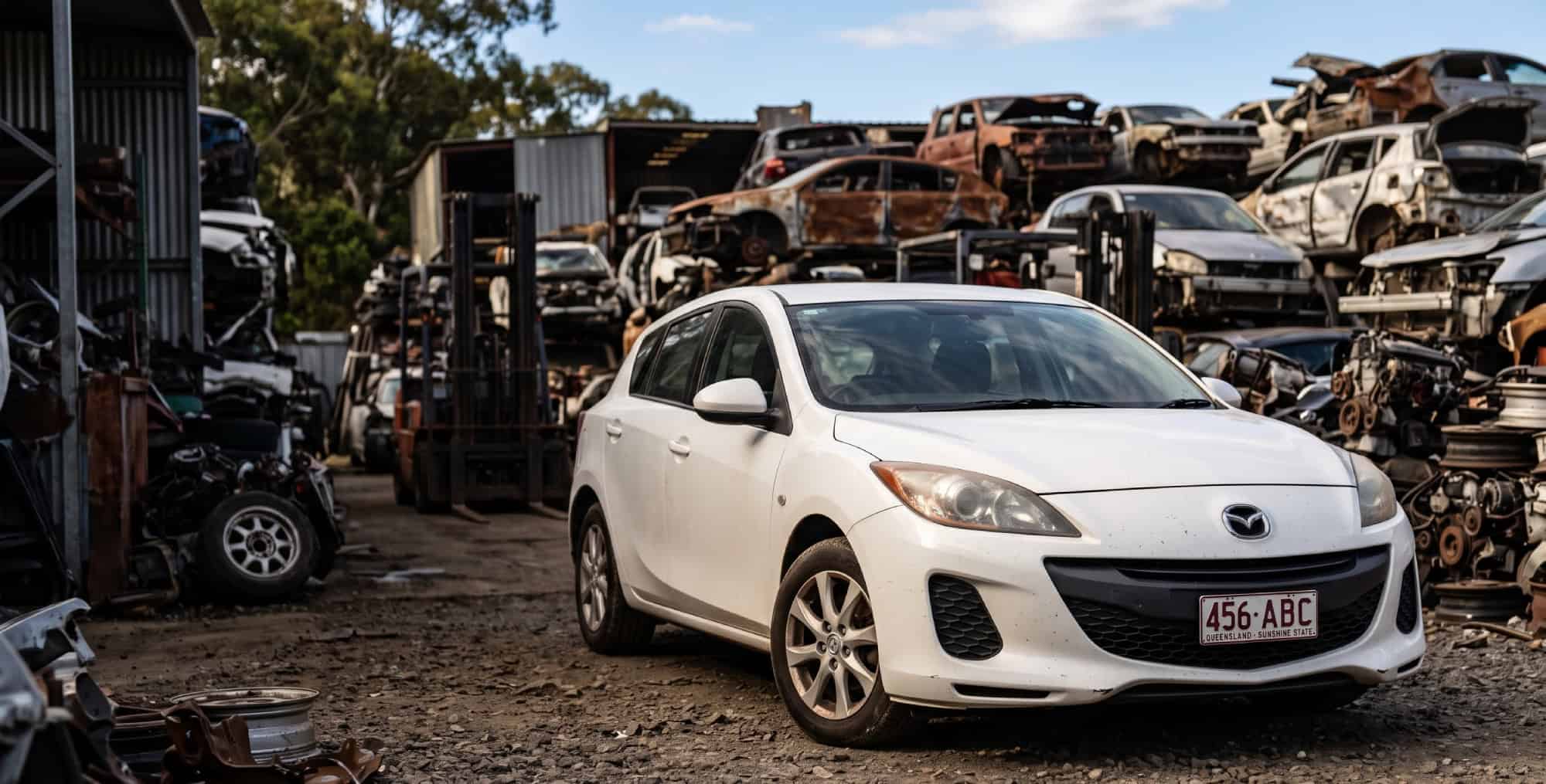 Mechanic inspecting a recycled Mazda at a Brisbane wrecking yard