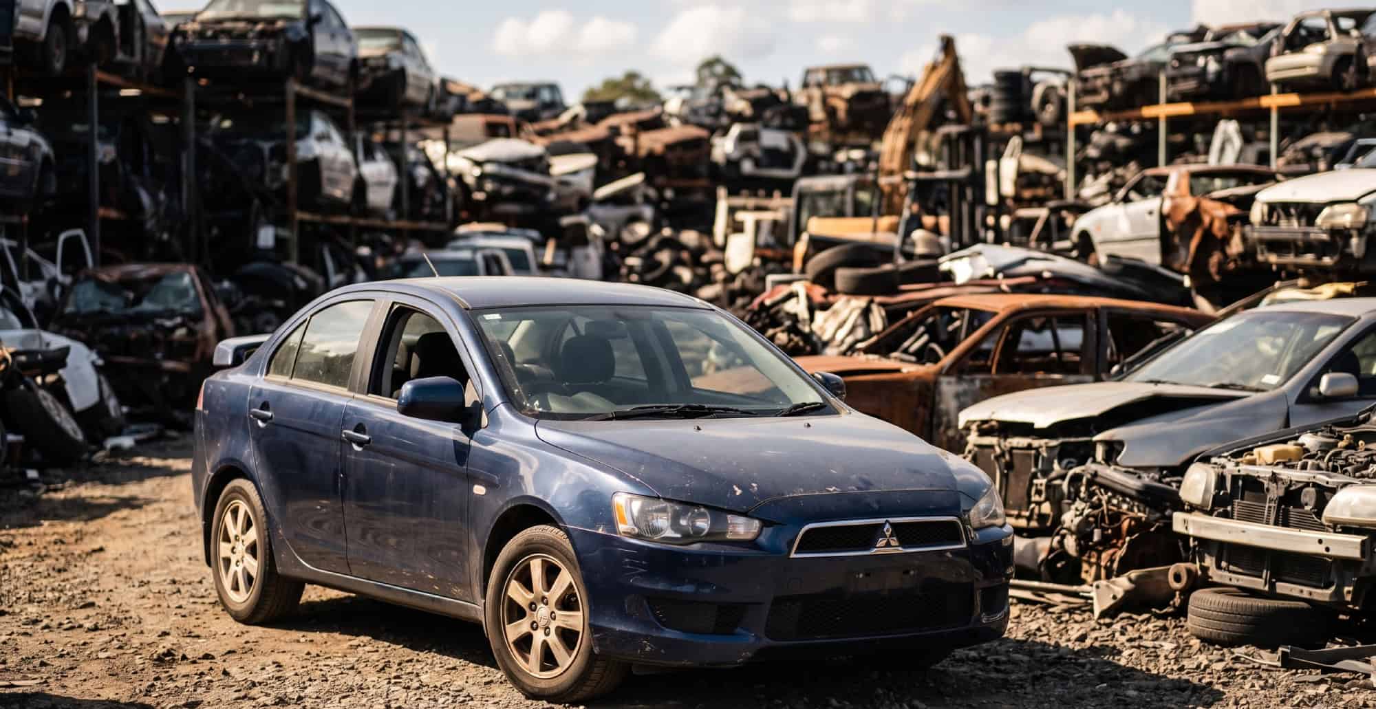 Mechanic inspecting a recycled Mitsubishi at a Brisbane wrecking yard