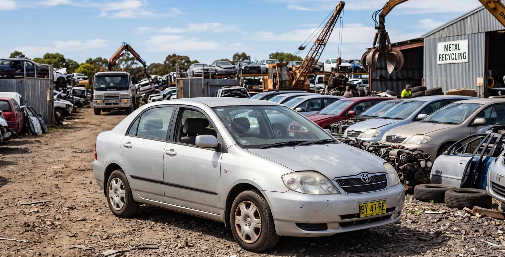 Mechanic inspecting a recycled Toyota at a Brisbane wrecking yard
