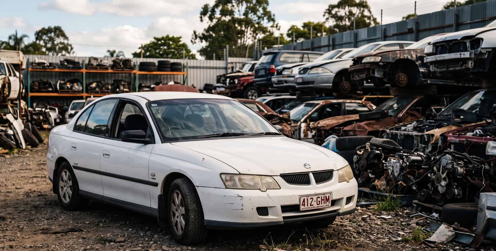 Mechanic inspecting a recycled Holden at a Brisbane wrecking yard