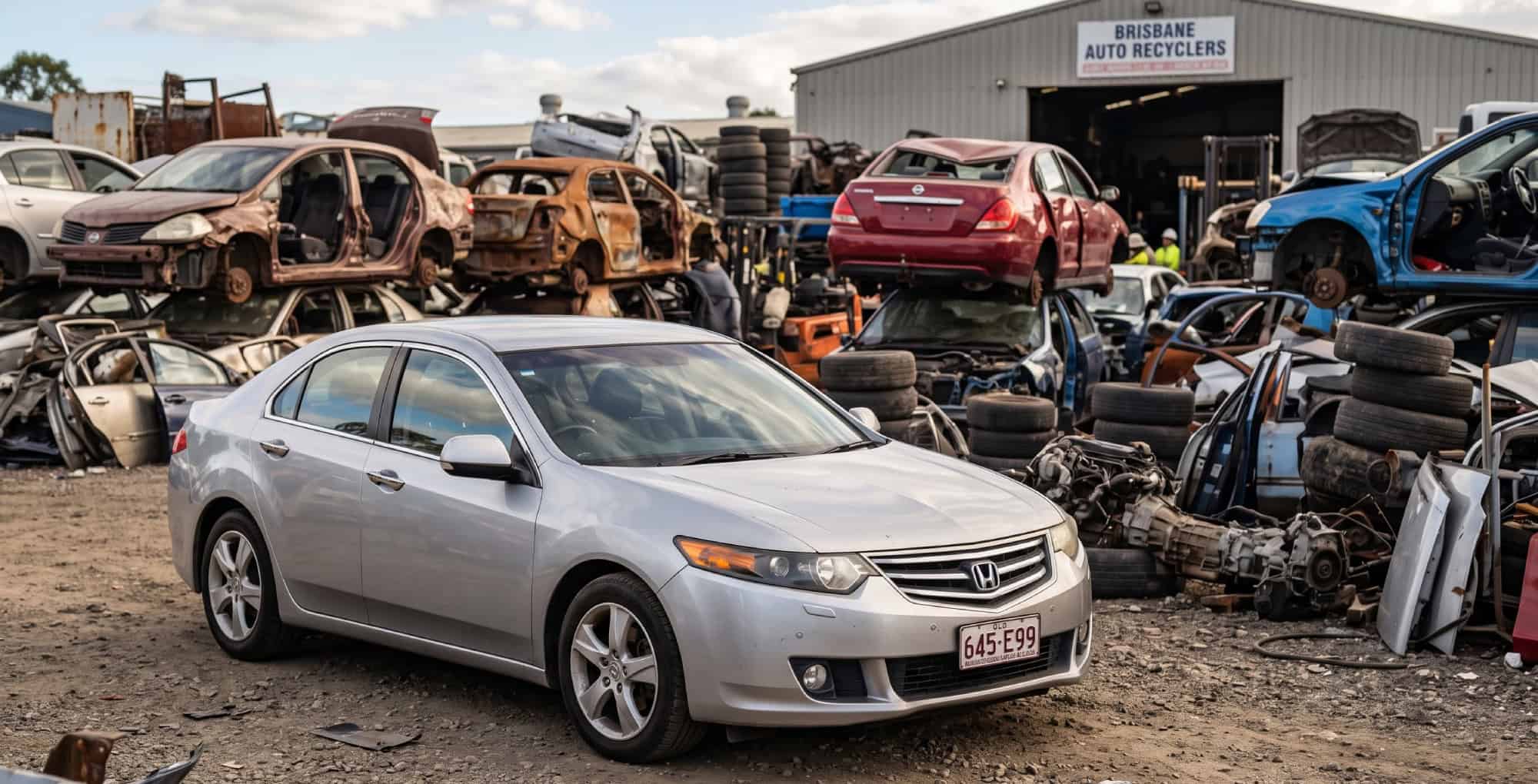 Mechanic inspecting a recycled Honda at a Brisbane wrecking yard
