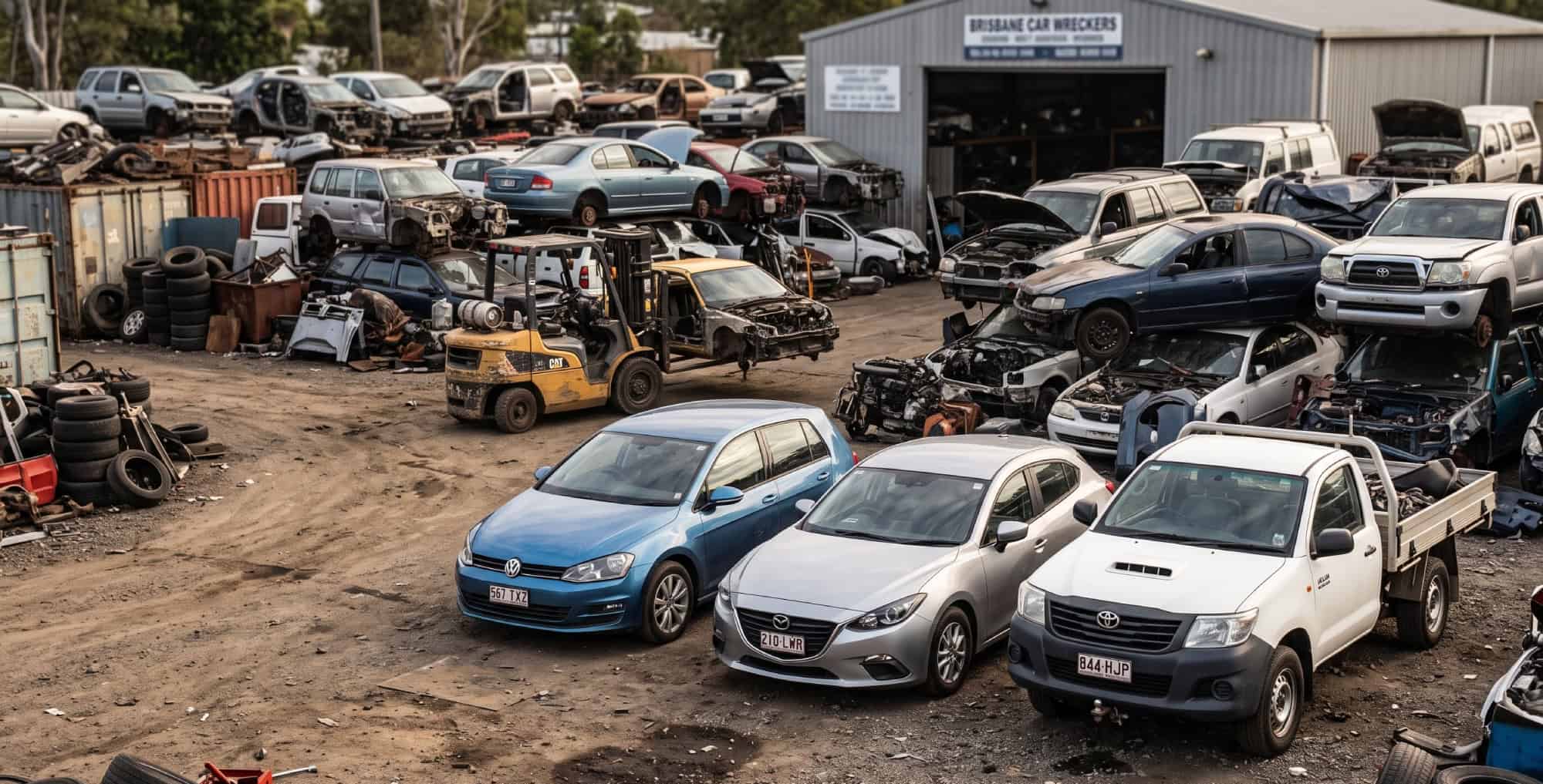 Mechanic inspecting a recycled European and other makes at a Brisbane wrecking yard