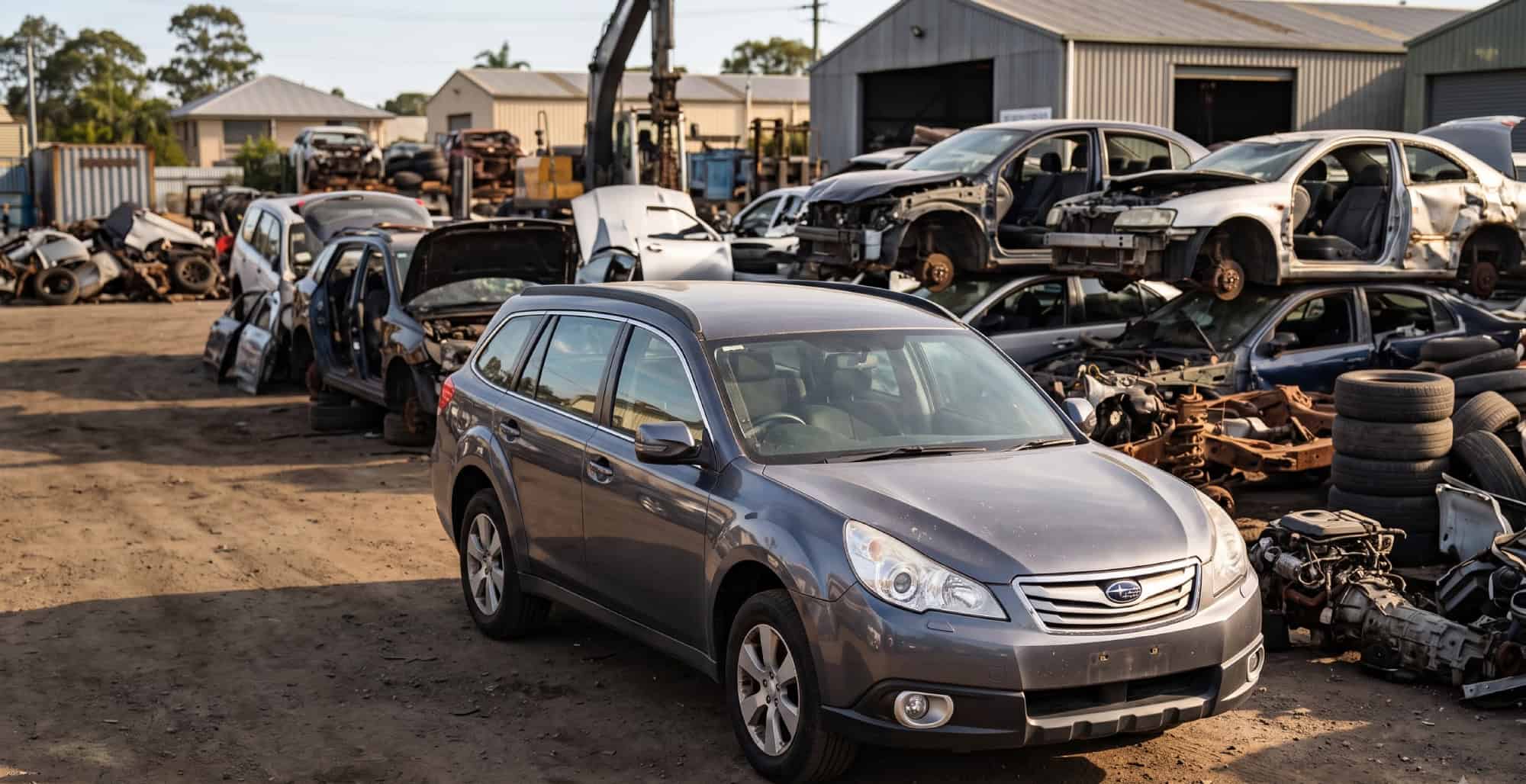 Mechanic inspecting a recycled Subaru at a Brisbane wrecking yard