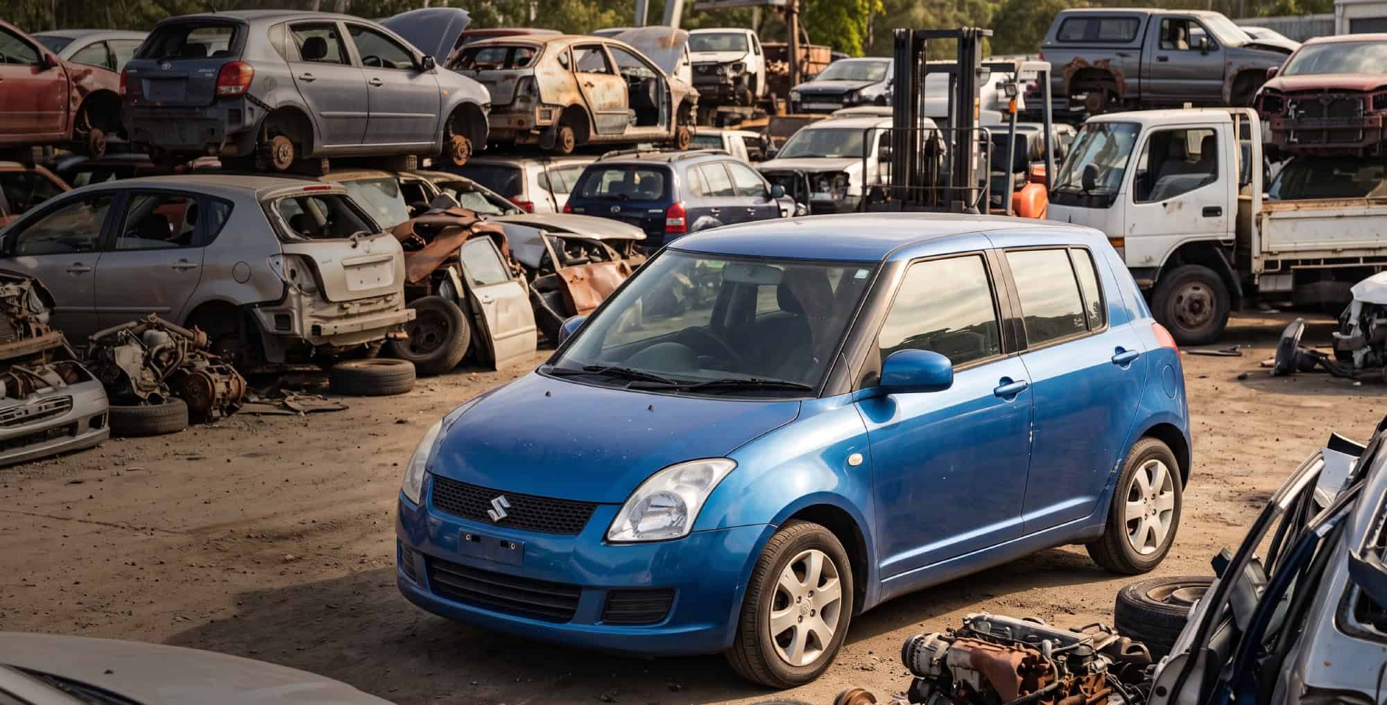 Mechanic inspecting a recycled Suzuki at a Brisbane wrecking yard