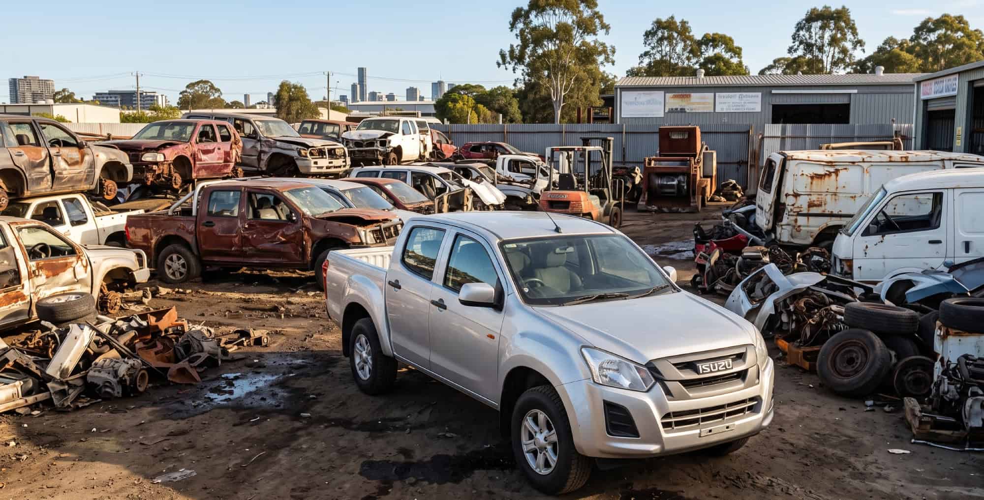 Mechanic inspecting a recycled Isuzu at a Brisbane wrecking yard