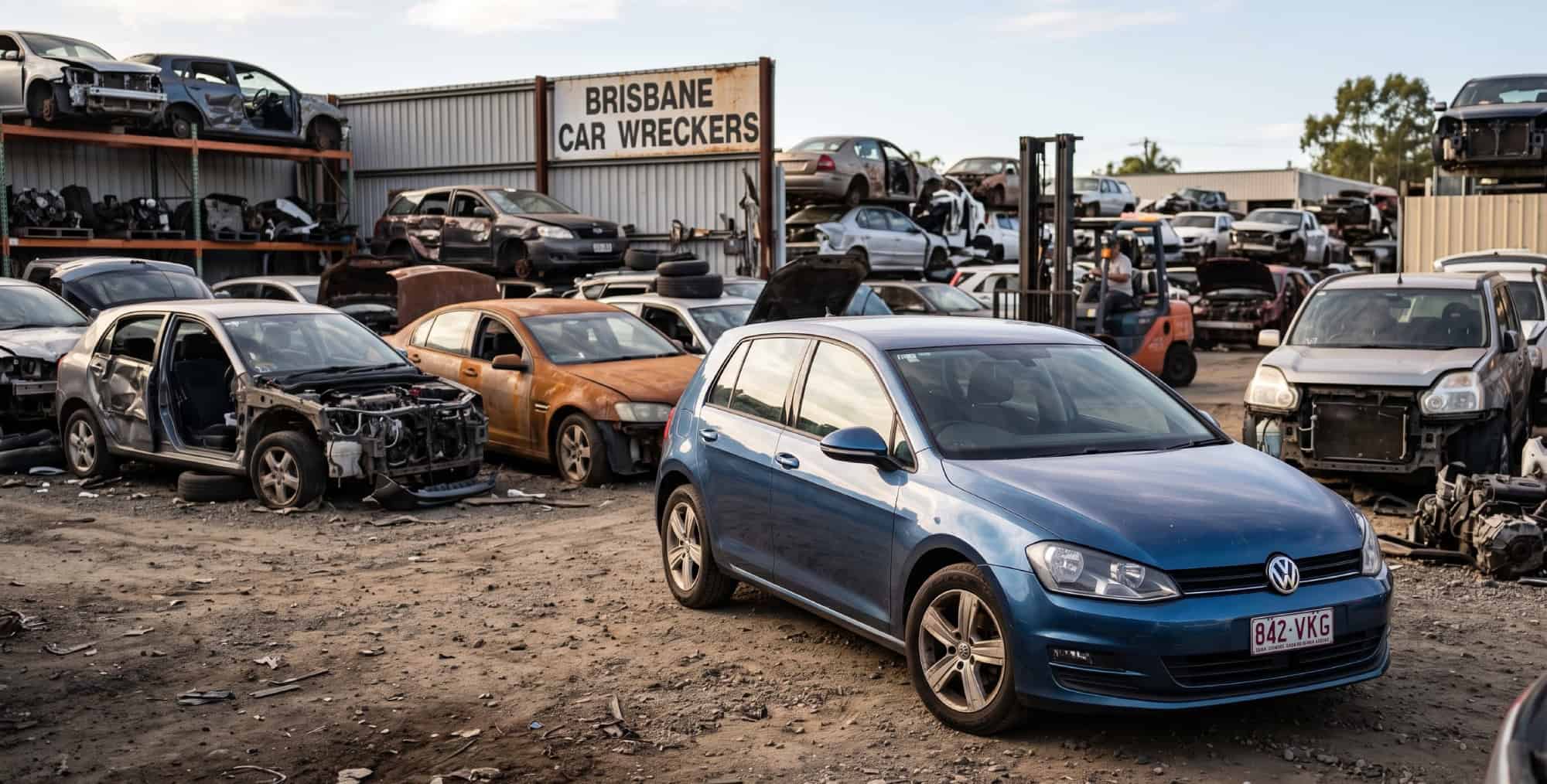 Mechanic inspecting a recycled Volkswagen at a Brisbane wrecking yard